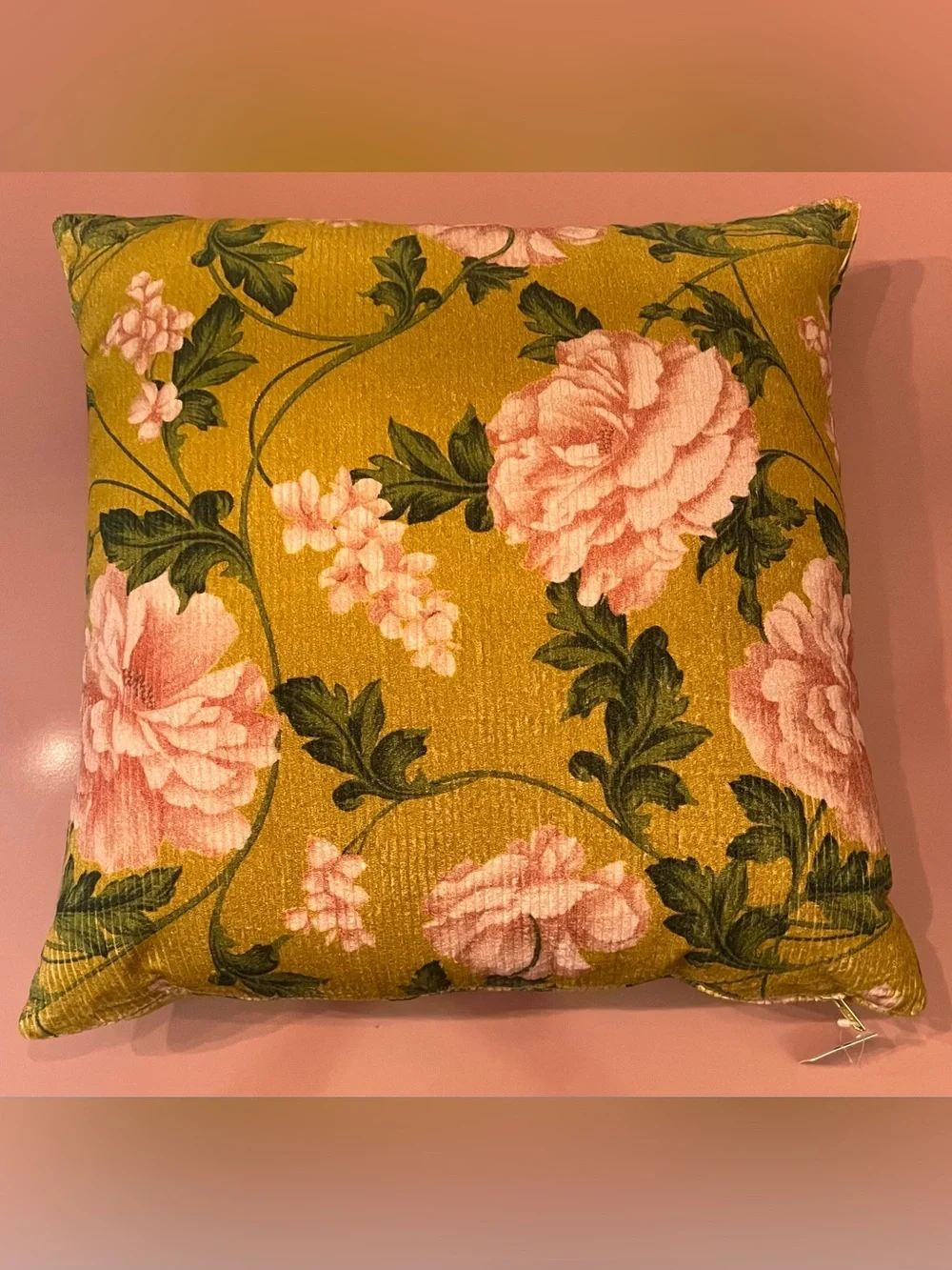 Anthropologie Celia Velvet Cord Floral Pillow, Mustard and Blush Pink